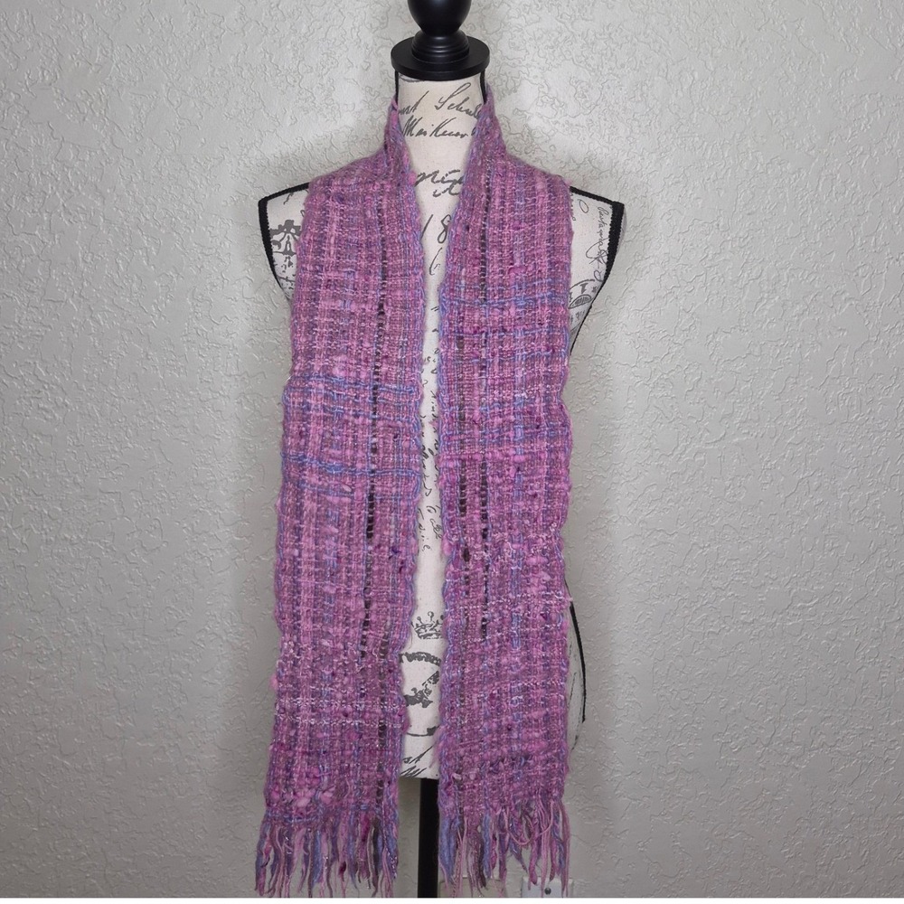 Weaves by Cappa Handwoven Wool Blend Scarf Pink Purple Blue Textured Fringe